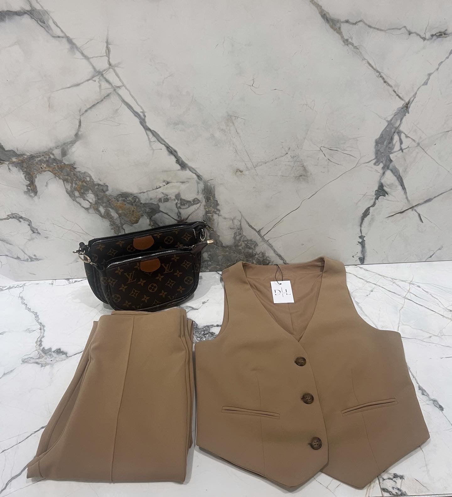 Beige 2 Pcs Set Pants & Vest