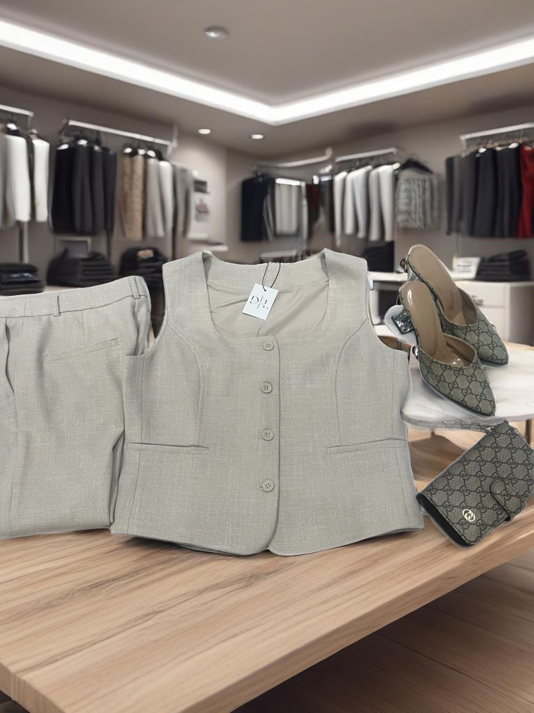 Beige Linen 2Pcs Set Pants & Vest